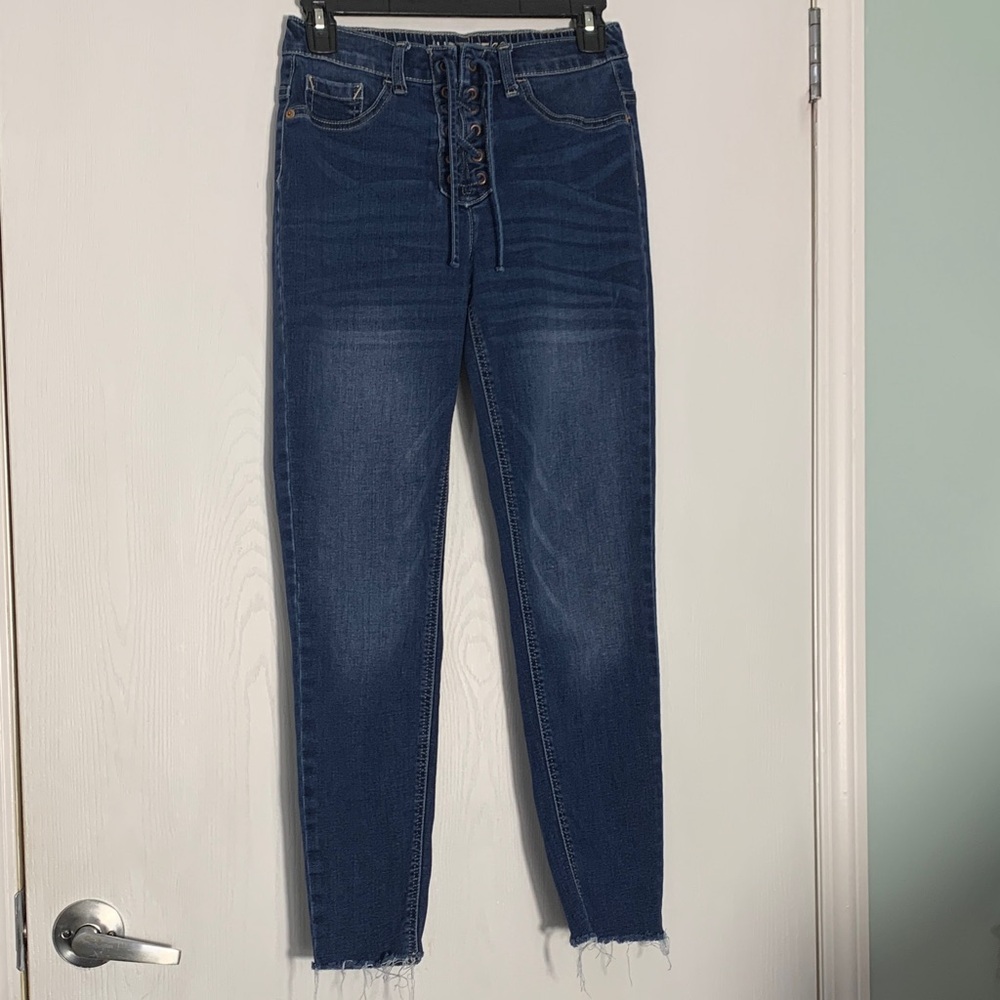 Preppy Justice High Rise Dark Blue Pull On Jeans with Raw Ankle Hem Size 16